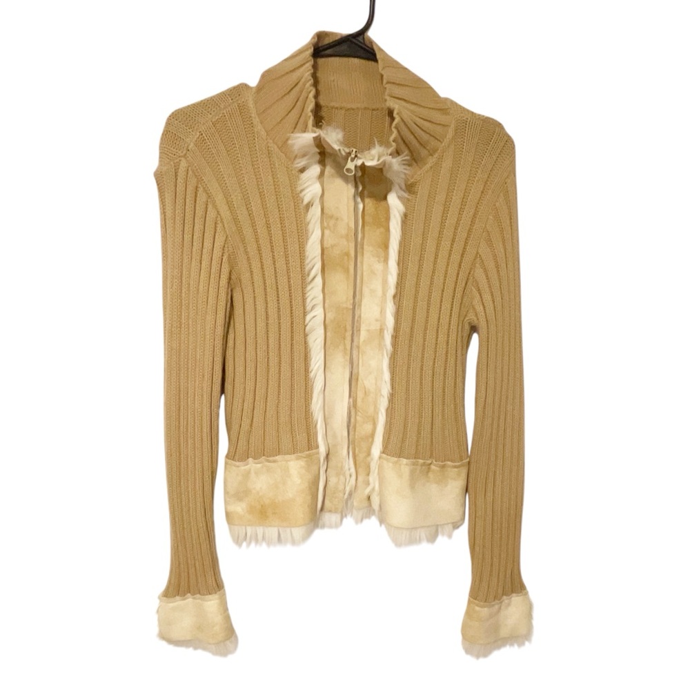 Vintage Y2K Women’s Size Medium Faux Fur‎ Tan Brown Ribbed Knit Full Zip Jacket